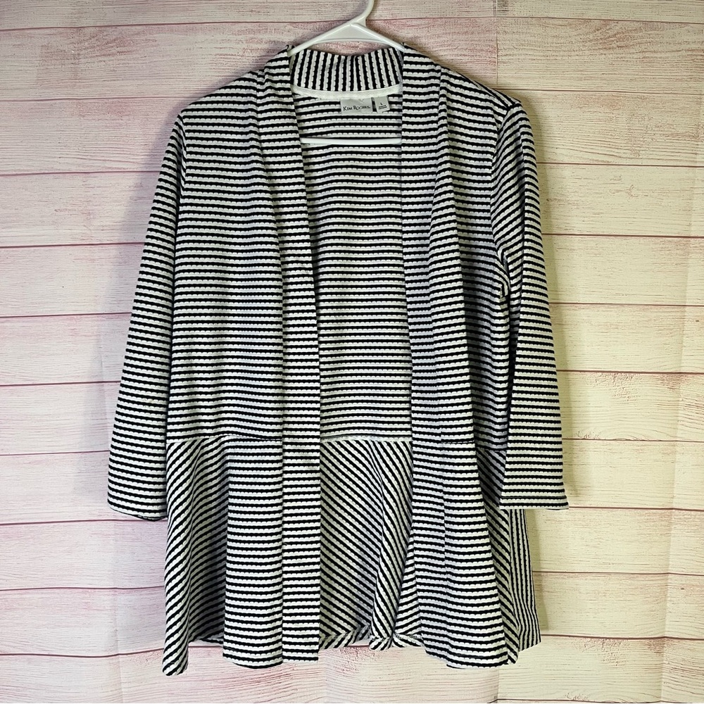Kim Rogers Striped Navy Blue and‎ White Open Front Cardigan Size Large